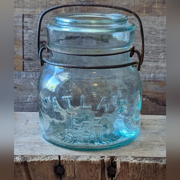 Atlas EZ Seal Small Antique Aqua Mason Jar W Wire Bale - Picture 1 of 12